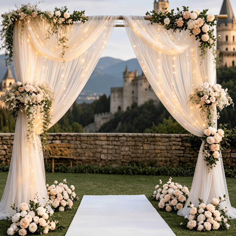 Champagne Tulle Backdrop with String Lights 5.2x10Ft 2pcs Sheer Curtain Photo Booth Props Wedding Party Background Decoration Non-Porous