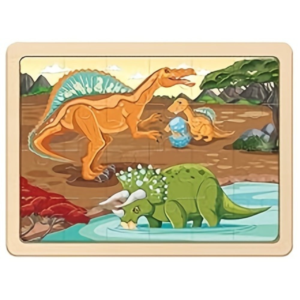 Dinosaur Wooden Jigsaw Puzzle Set for Kids, 4 Puzzles with 24 Pieces Each