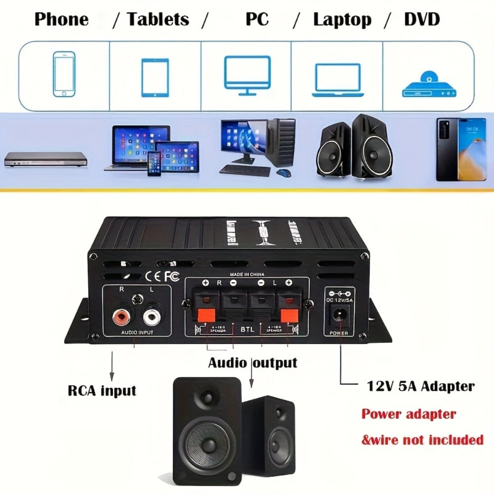 600W Mini HiFi Stereo Power Amplifier, Dual-Channel Class AB Compact Audio Amp, 2.0 Channel, RCA & AUX Input, Bass & Treble Control, Sound Amplifier for Home Theater, Computer & Car Audio (No Power Cord)