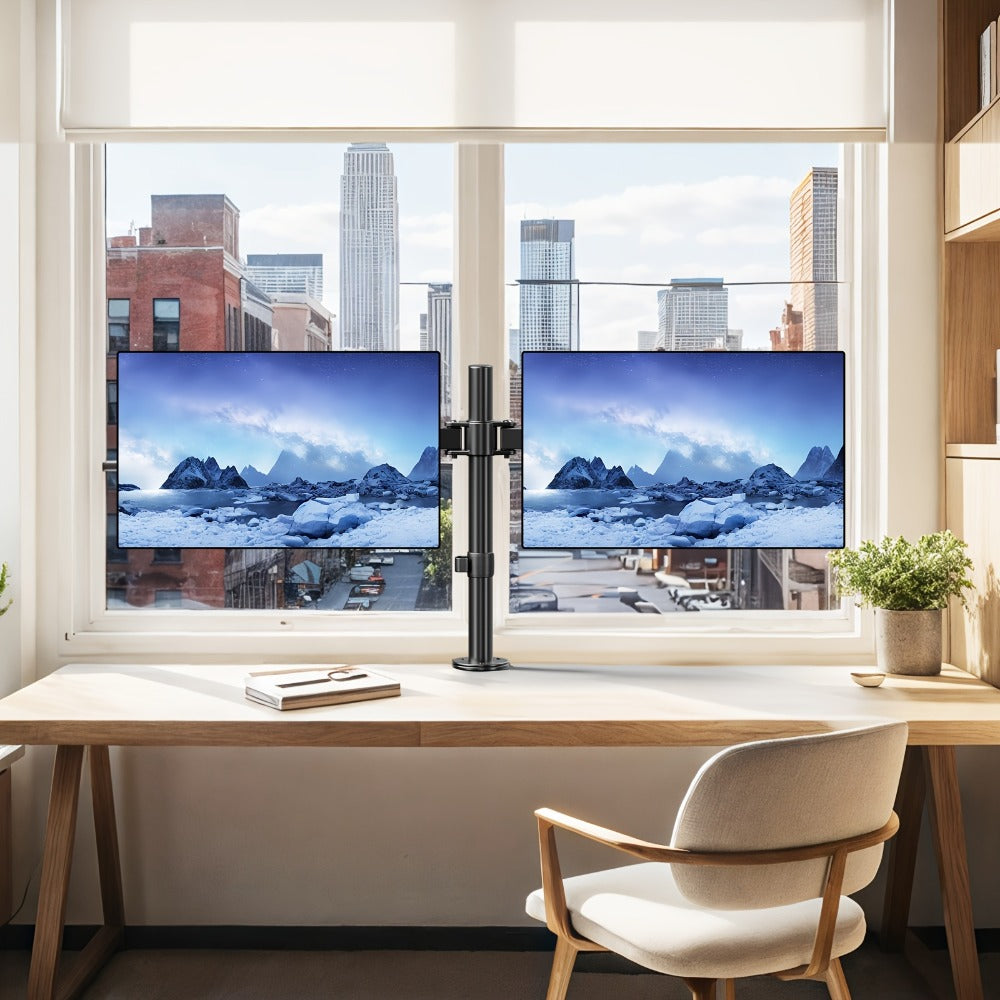 Adjustable Dual Monitor Arm for 13-32 Inch Screens, VESA 75x75/100x100mm, 45° Tilt 90° Swivel 360° Rotation, 17.6 lbs per Arm, C-Clamp & Grommet Mount, Cable Management, Space-Saving Home Office Desk Stand