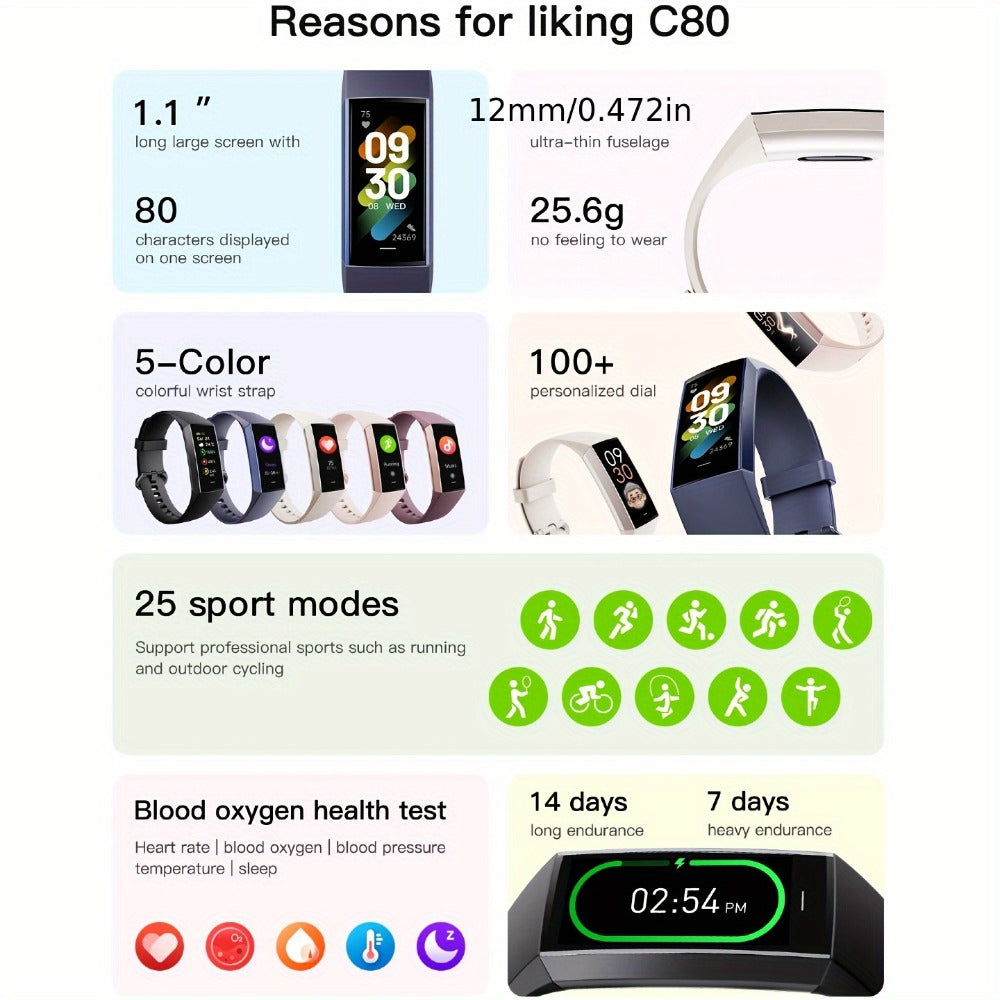 AMOLED Smart Band 1.1" Always-On Display, 14-Day Battery Life, 25 Sport Modes, Heart Rate & Sleep Tracker, 100+ Watch Faces, Ultra-Thin Fitness Watch, Weather & Music Control – For Men & Women