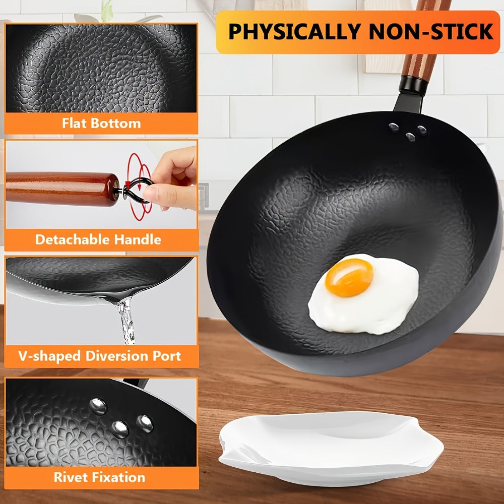 Cast Iron Wok Set 14 Piece 12.6 Inch Flat Bottom Stir Fry Pan with Lid Spatula Accessories - Natural Non-Stick Black Iron Wok for All Stoves Gas Electric Induction Honeycomb Design