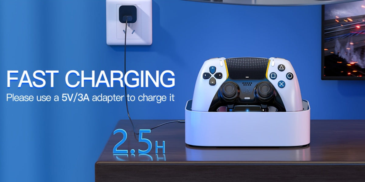 Safe Charging PS5 Controller Charging Station with Smart Chip – Dual Fast Charging Dock for DualSense & DualSense Edge, 2.5Hr Full Charge, Blue LED Indicator, Non-Slip Pad, Cable Included
