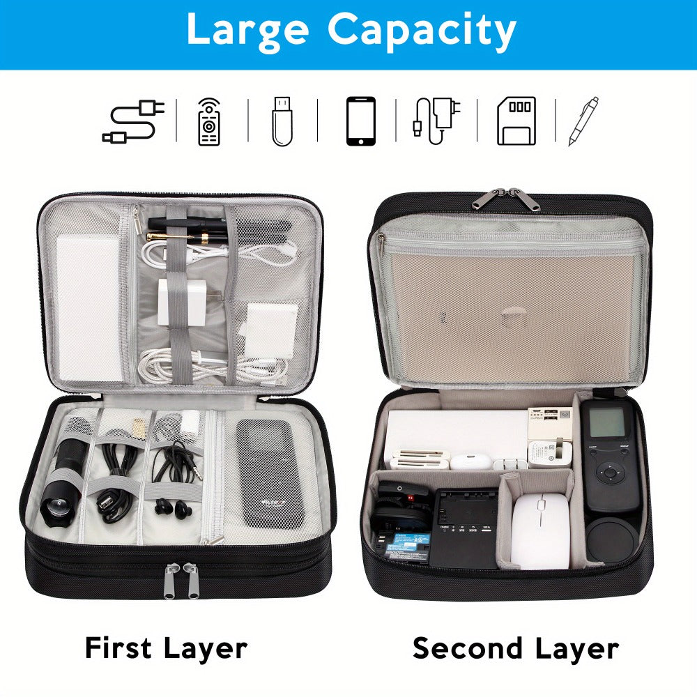 Cable Organizer Bag for Travel Double Layer – Water-Resistant Electronics Case with Removable Dividers | Cables, Chargers, Power Bank & Tablet, Grey & Black