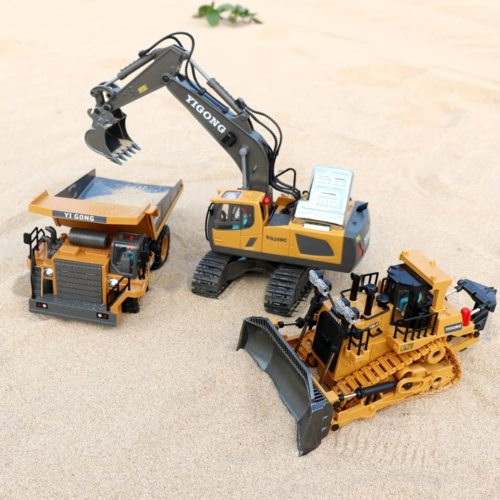 RC Construction Vehicle Set, 2.4GHz 12-Channel Excavator, Dump Truck, Bulldozer & Loader
