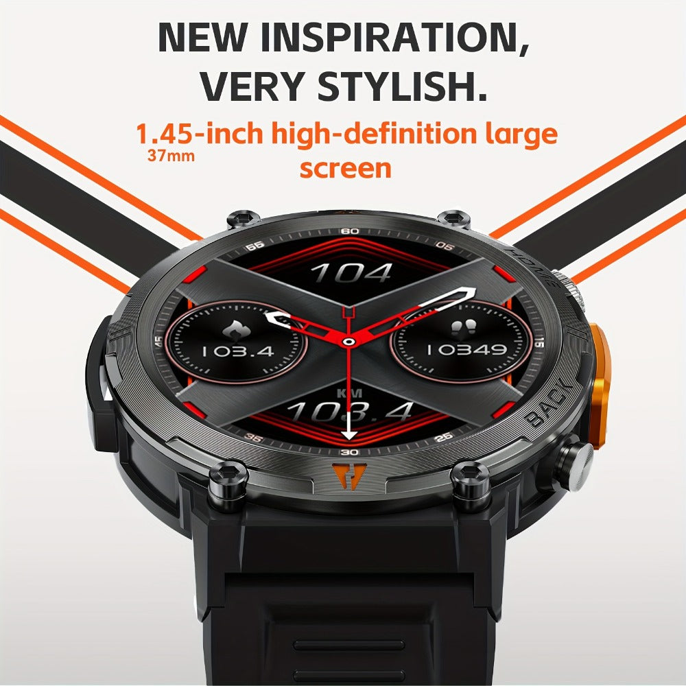 Tactical Smartwatch for Men LED Lighting 1.45 Inch 97% Screen Ratio Bluetooth 5.2 Wireless Calling Outdoor Fitness Tracker Heart Rate Blood Oxygen Sleep Pedometer iPhone Android Silicone Leather Strap Black Orange
