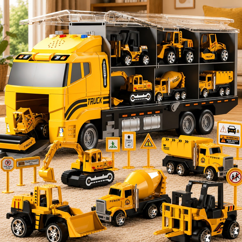 Construction Truck Toy Set, 13-in-1 Carrier with Die-Cast Vehicles and Play Mat