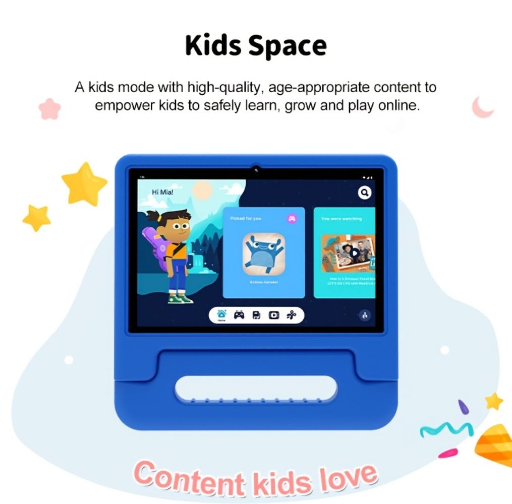 WiFi 6 Kids Tablet 10.1 Inch Android 6GB RAM 64GB ROM 5000mAh Dual Camera Parental Controls Eye Protection Preloaded Educational Apps Games Learning Tablet with Case Gift for Kids Blue Pink