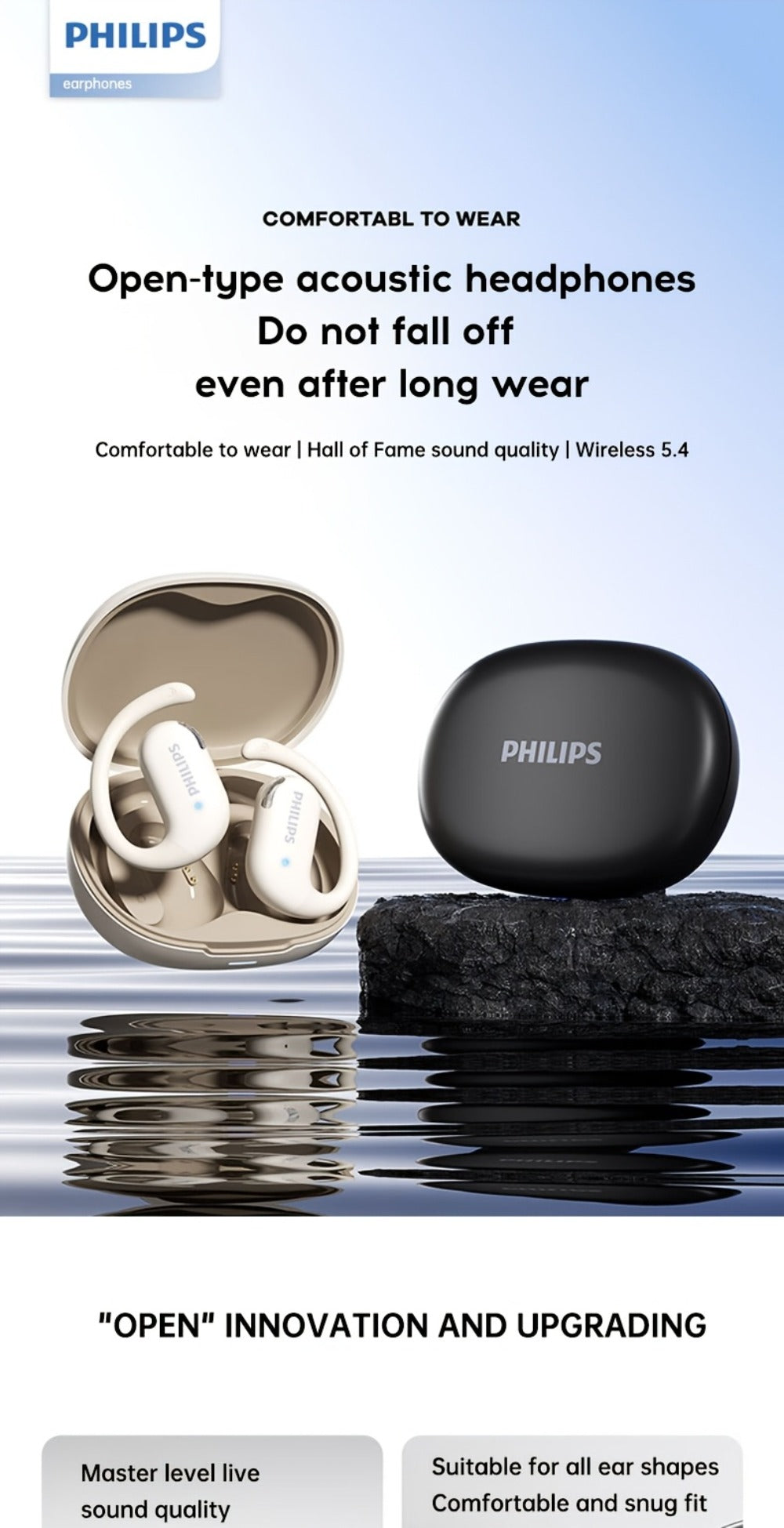 Philips TAT2739 Open Air Earbuds Wireless Bluetooth 5.3 Ear Hook Headphones with Wireless Charging Case – Non In-Ear Open-Back Design, Type-C, Tech Gift for Men Women