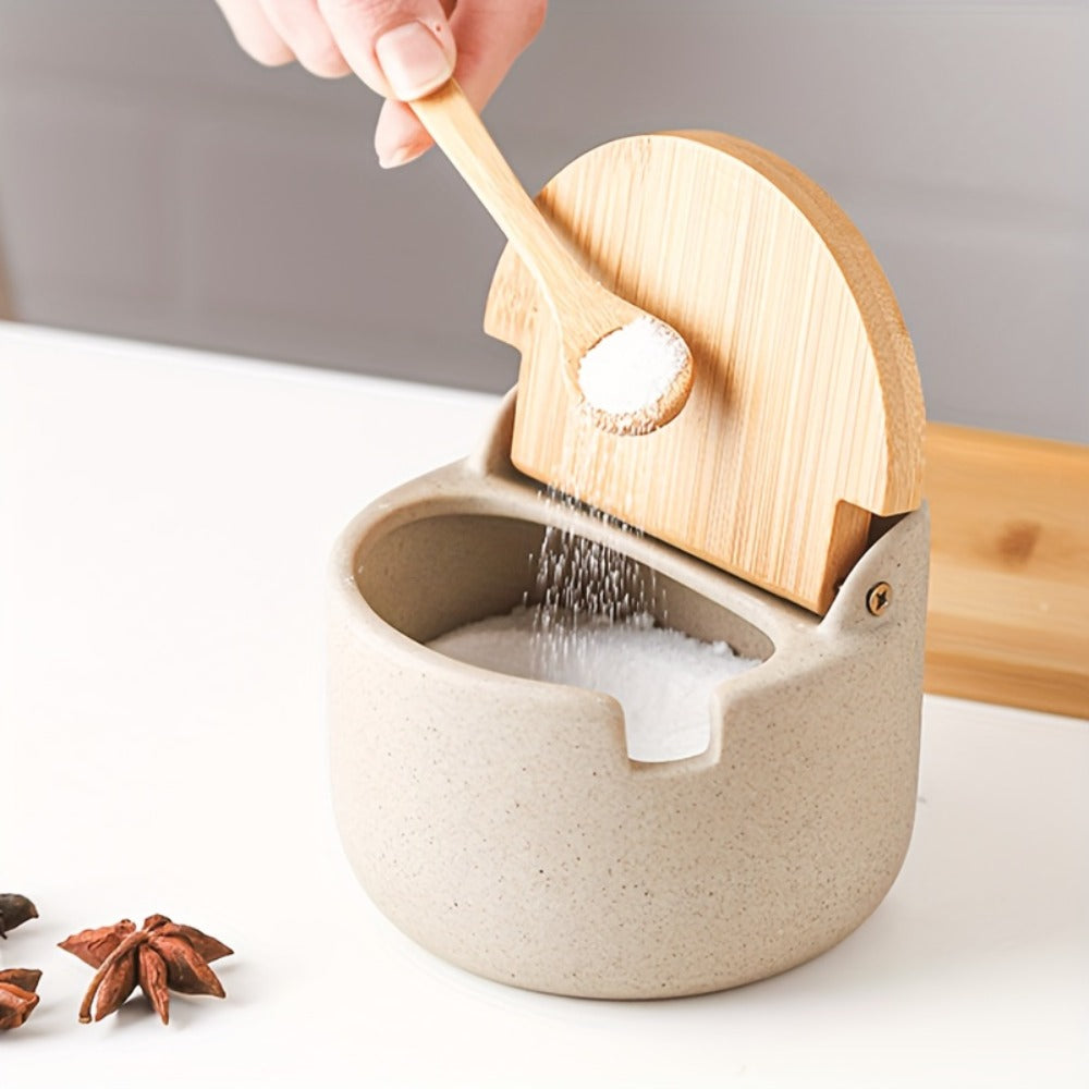 Ceramic Seasoning Pot Set with Lid & Spoon – Salt Pepper Spice Jar Container with Tray Kitchen Condiment Storage Organizer for Counter Cooking Accessories Housewarming Gift