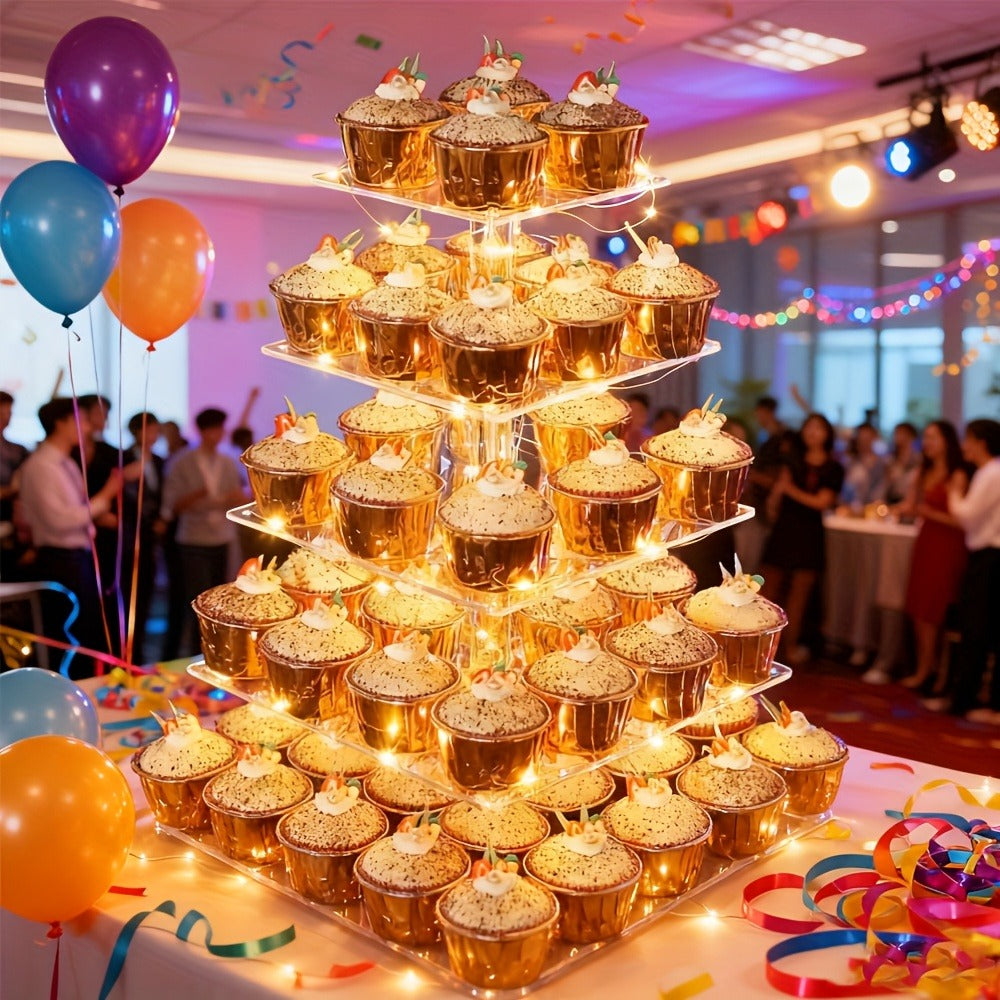 5-Tier Acrylic Cupcake Stand with LED String Lights – Square Dessert Display Tower for 60 Cupcakes Birthday Wedding Baby Shower Tea Party Elegant Transparent Cake Display Rack Easy to Assemble