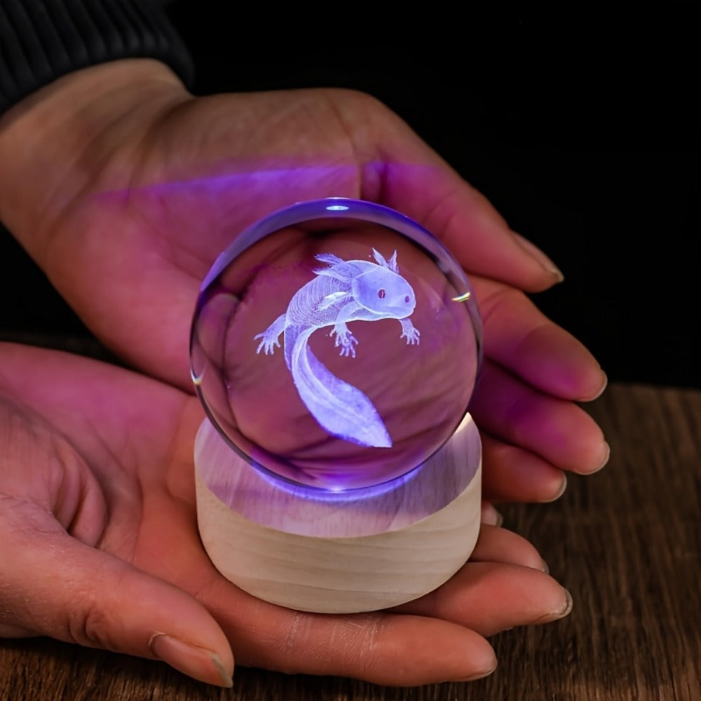 3D Axolotl Crystal Ball Night Light – USB Powered LED Colorful Gradient Glow Orb Atmosphere Lamp with Bamboo Base, Amphibian Figurine Desk Light for Home Decor, Bedroom, Kids Room & Unique Gift (2.36in)