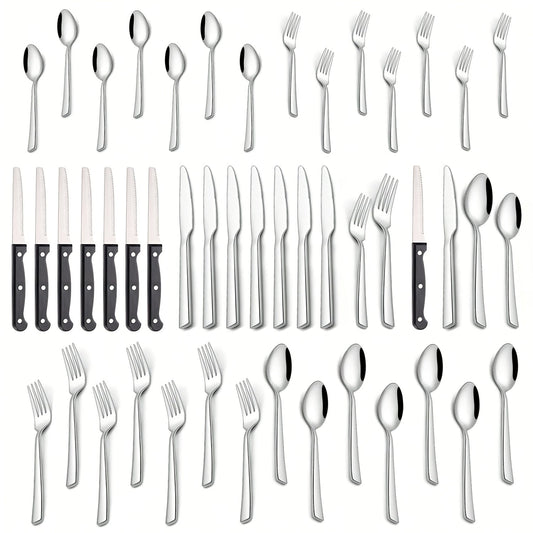 Stainless Steel Flatware Set with Steak Knives, 24 or 48 Pieces