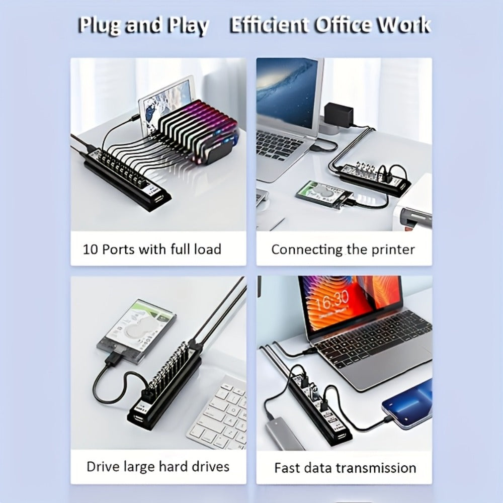 10-Port USB-A Hub with High-Speed Charging & Data Transfer – Plug and Play USB Splitter for MacBook, PC, Laptop, Desktop | 10 Device Simultaneous Connection