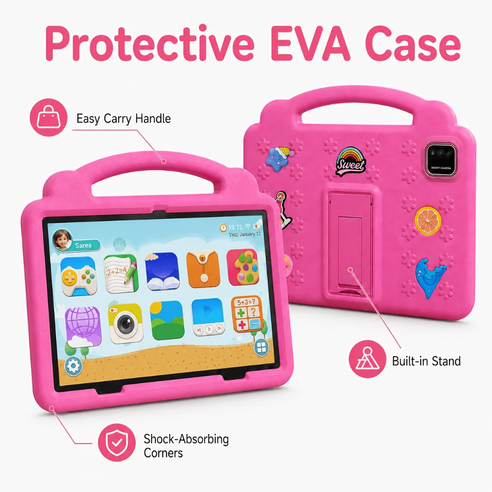 Kids Tablet 10.1 Inch Android 15 – 12GB RAM 64GB ROM Expandable 1TB, 6000mAh Battery, WiFi 6, 1280x800 IPS HD Screen, Dual Camera, Parental Controls, Pre-installed Games, Protective Case Included