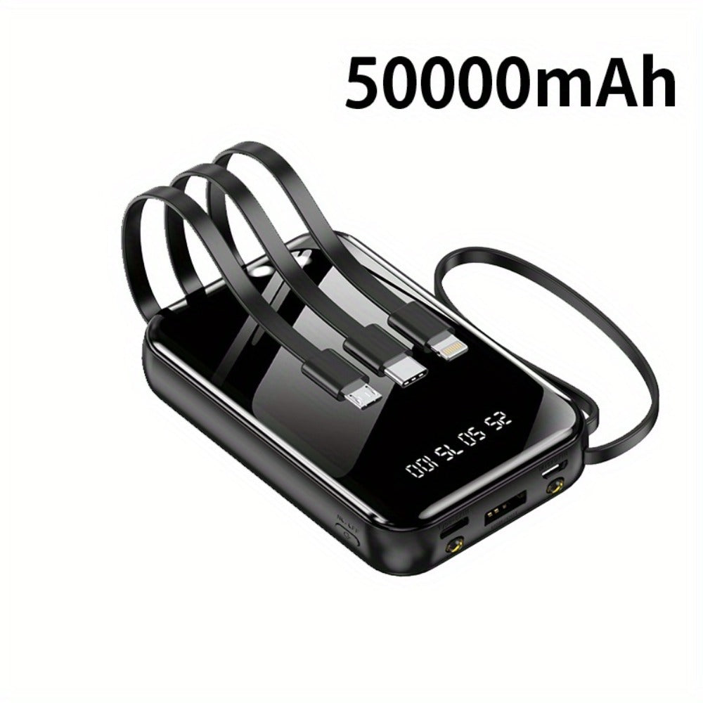 Built-in Cables Flashlight 50000mAh Power Bank Portable Charger, Fast Charging LED Display Emergency Battery Pack for iPhone Android Outdoor Travel Camping Hiking – Black Purple Available