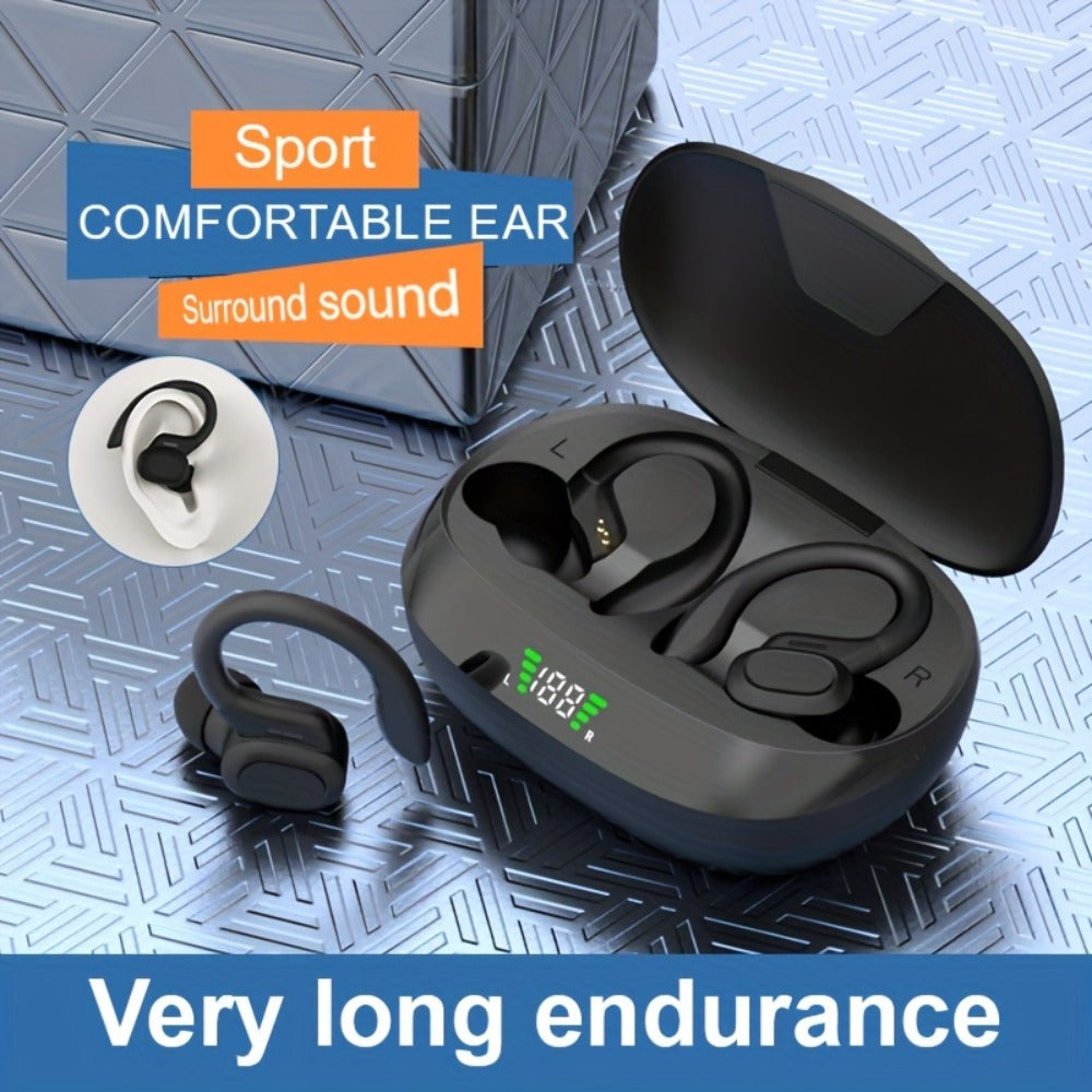Sport Ear Hook Wireless Earbuds Bluetooth 5.4, Open-Ear Sports Earphones with Mic, 24H Playtime, LED Display Charging Case, Running Fitness Earbuds for Men Women, Black