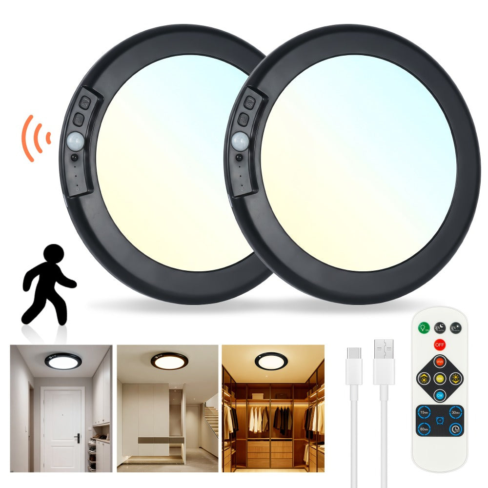 Rechargeable LED Ceiling Light with Motion Sensor – Remote Control Dimmable, 3 Color Temps 3000K/4500K/6500K, 10 Brightness Levels, Battery Operated Closet Light for Bathroom Hallway Pantry Porch