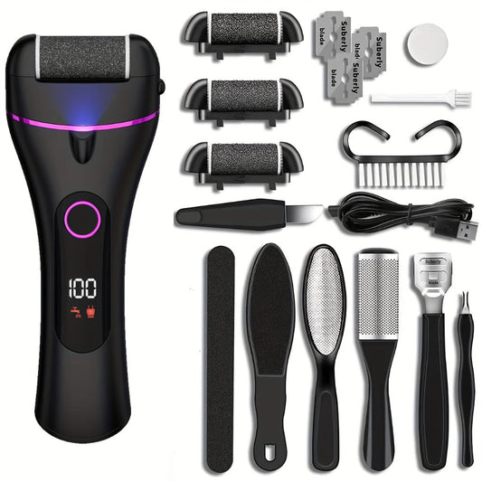 Electric Foot Callus Remover Kit with 3 Roller Heads, 2 Speeds, Rechargeable