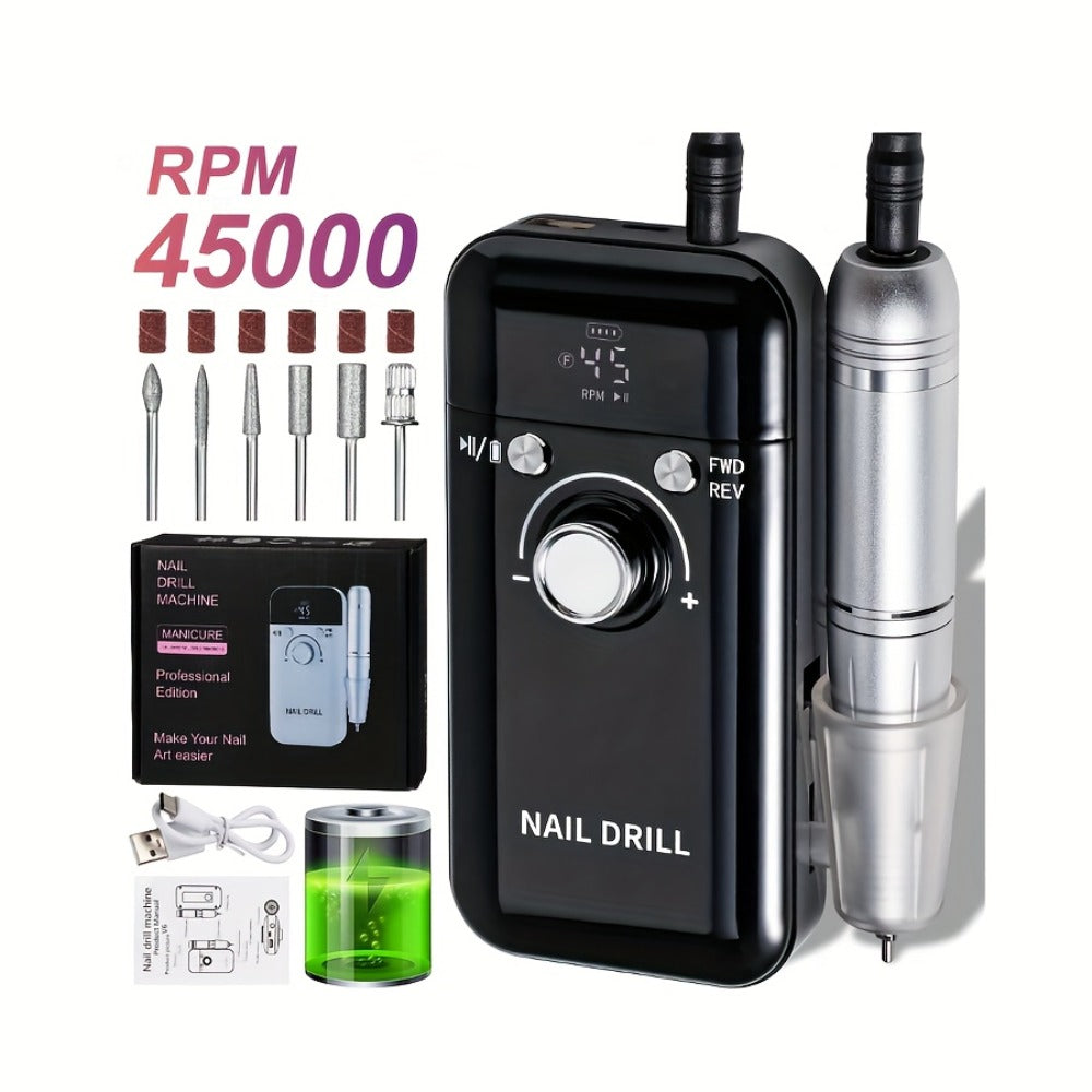 Nail Drill 45000 RPM Rechargeable Professional Electric Nail File Kit with Drill Bits Sanding Bands Low Noise Portable Manicure Pedicure Polishing Set for Salon Home Women Nail Techs