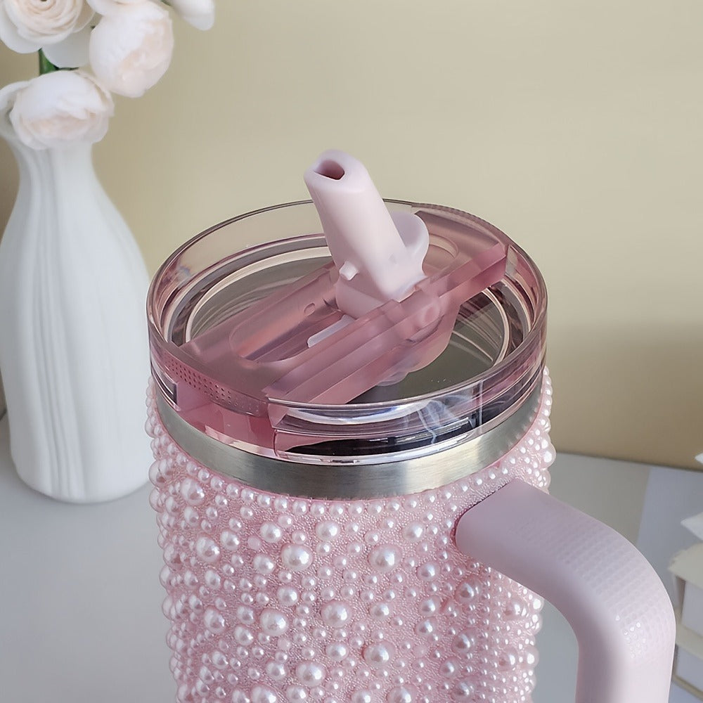 40oz Rhinestone Tumbler with Handle and Straw – Stainless Steel Double Wall Insulated Cup | Pearl Glitter Travel Mug for Sublimation Outdoor Sports Camping Holiday Gift