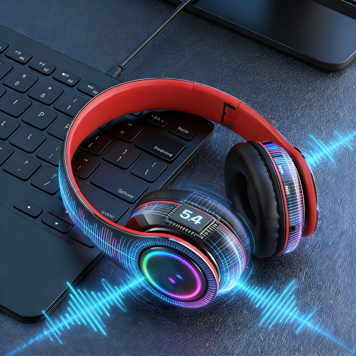 LED Light Over-Ear Wireless Headphones Deep Bass Subwoofer, Active Noise Cancelling Foldable Headset Bluetooth 5.3, Wired & Wireless Dual Mode AUX, USB Rechargeable for Gaming Music Sports