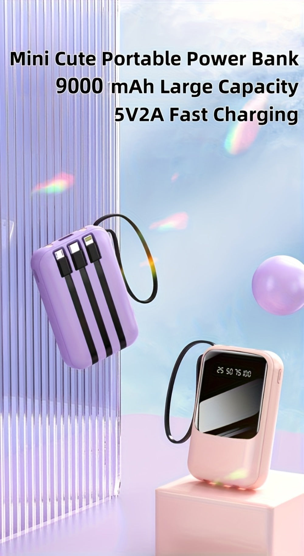10000mAh Mini Power Bank with Built-in 4 Cables – 22.5W Super Fast Charging, LED Display, Cute Portable Charger for iPhone, Android, Samsung & Travel, Ultra-Compact Battery Pack with LED Light