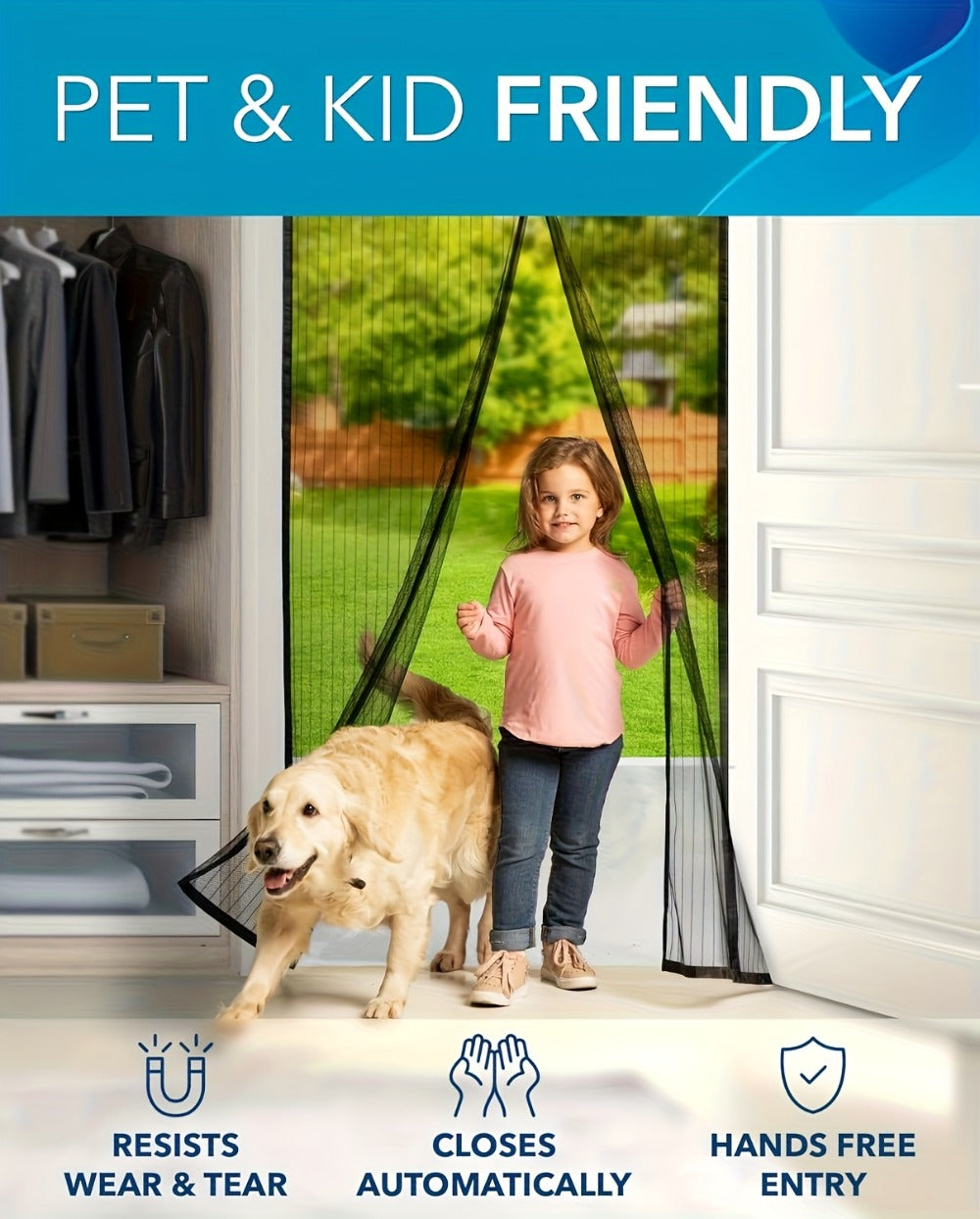 Magnetic Screen Door with Heavy Duty Metal Frame – Self-Closing Mesh Door Curtain, Insect-Proof Bug Screen with Frame Shackle, Easy Install for Indoor & Outdoor Doorways, Pet & Kid Friendly