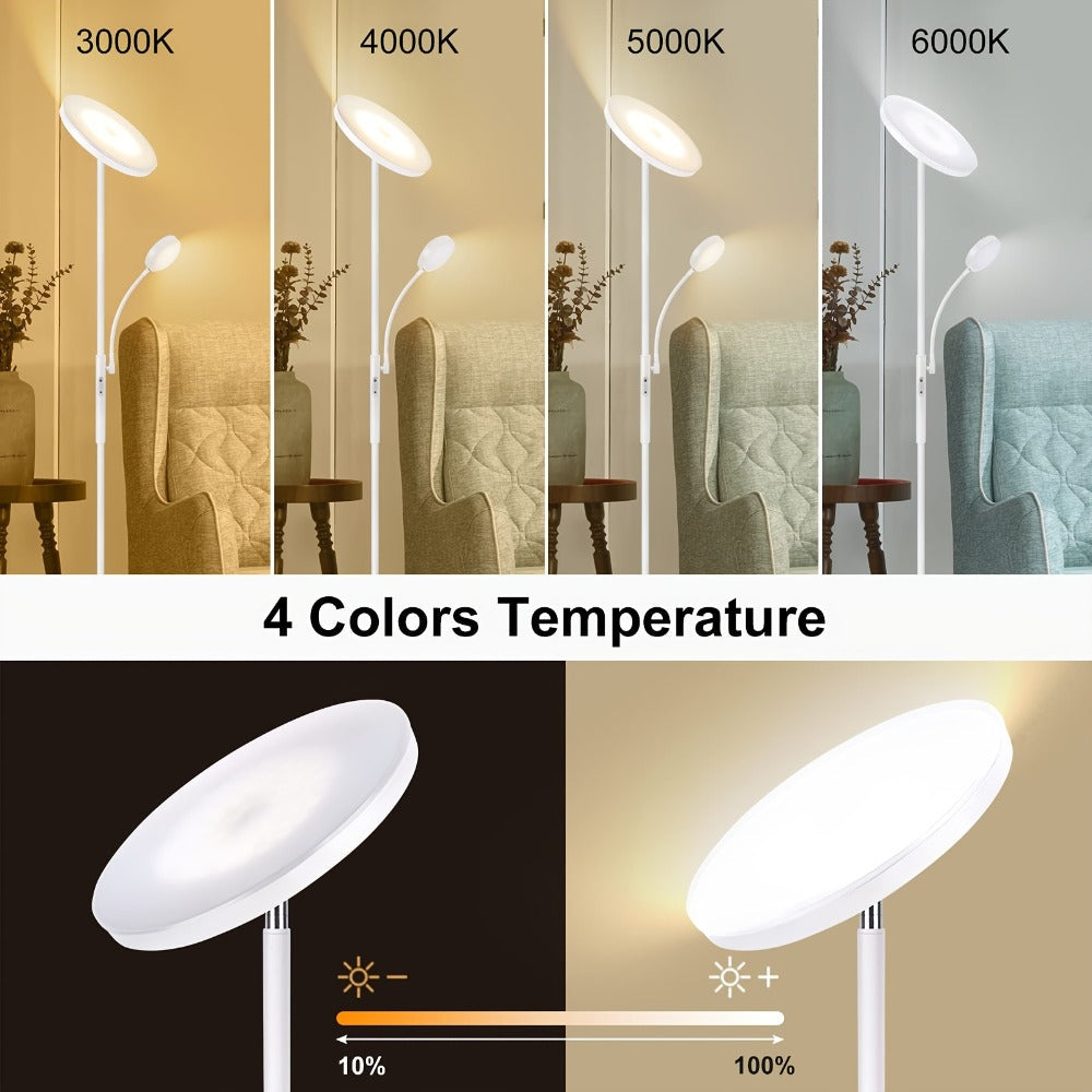 LED Floor Lamp with Reading Light – 27W 2300LM Dimmable Torchiere Standing Lamp, 4 Color Temperatures, Remote & Touch Control, Metal Base for Living Room Bedroom Home Office (Black/White)