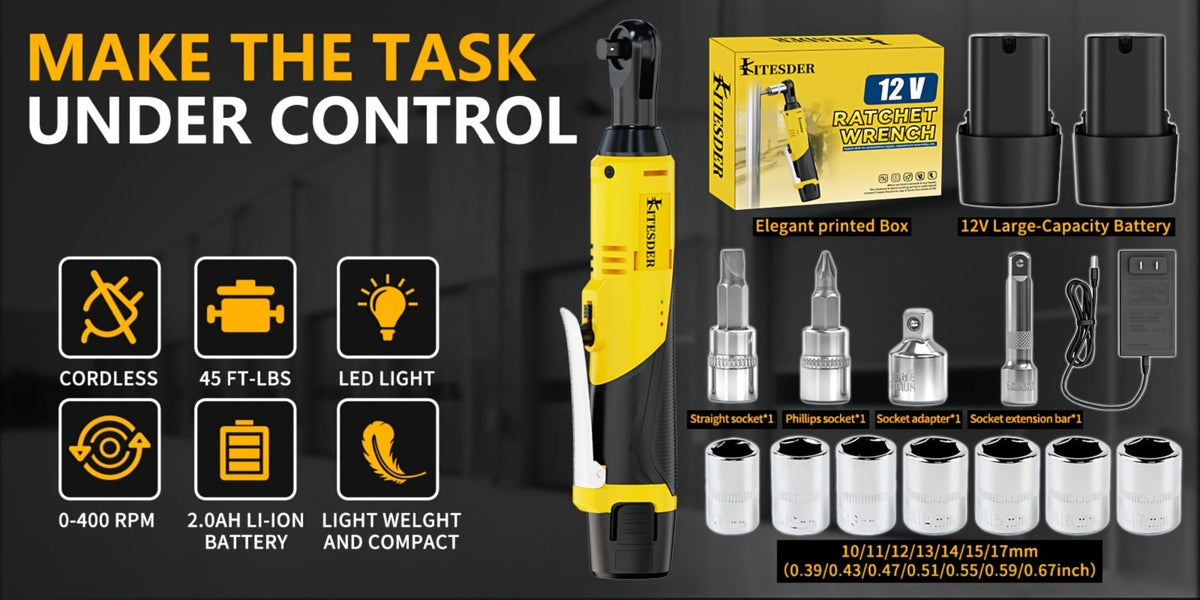 Electric Ratchet Wrench Set 12V Cordless with Lithium Battery – Fast Charge, Variable Speed Trigger, Socket Sleeves, for Automotive Repair, Screws & Nuts – Basic & Full Kit Options