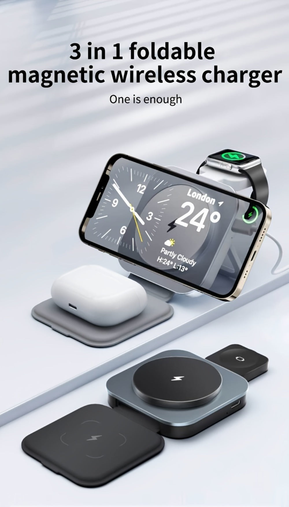 Foldable Travel 3-in-1 Wireless Charging Station 15W – Fast Charge for iPhone 17 16 15 14 13 12 Pro Max Plus, Apple Watch Ultra Series 9 8 7 6 5 4 3 2 1 SE & AirPods 4 3 2 Pro | Portable Black Charger