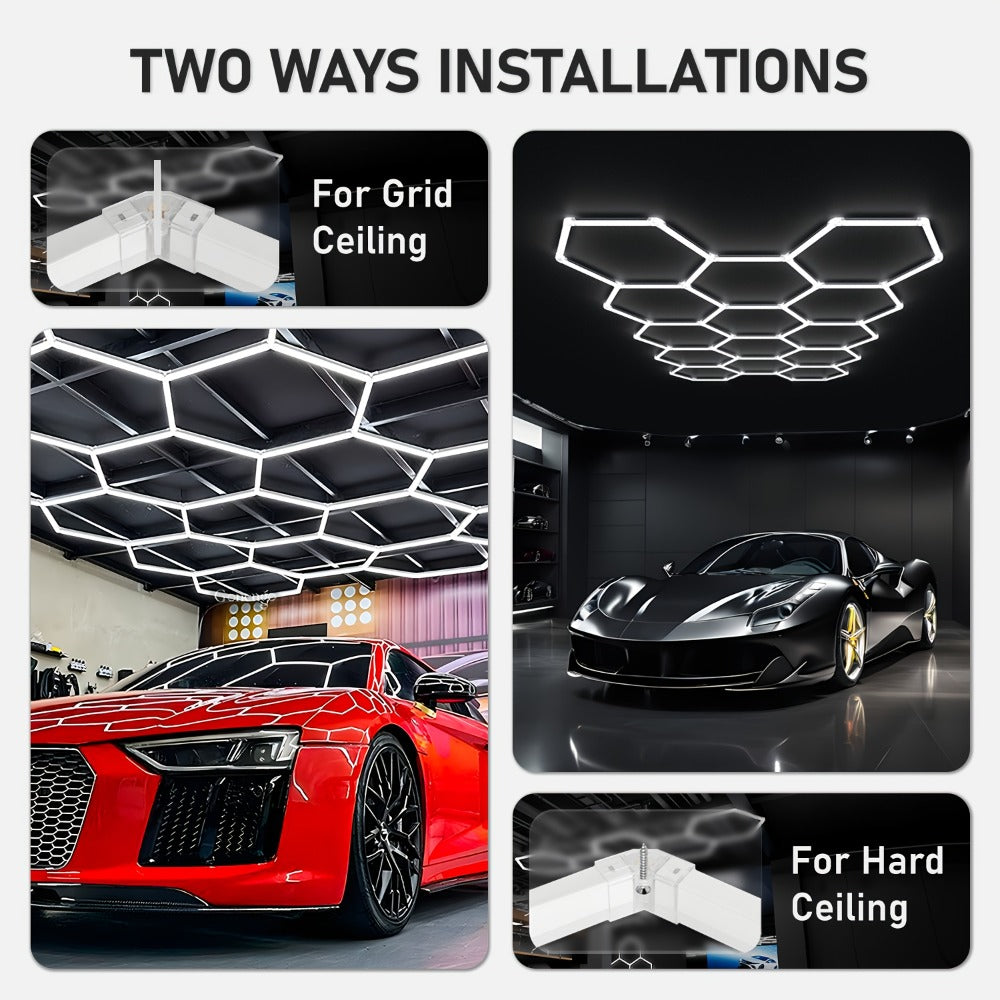 LED Hexagonal Garage Light 6500K – Super Bright Daylight White Shop Light 42W–620W for Auto Detailing, Warehouse, Workshop, Basement & Gym (1 to 32 Grids, Hex Frame Available)