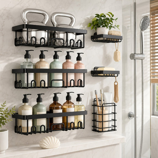 Shower Caddy Organizer Set, 6-Piece Black No-Drill Adhesive Wall Storage