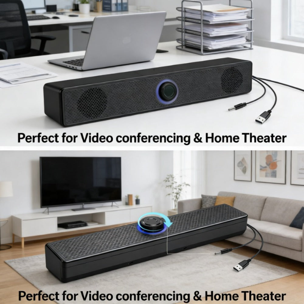 USB Wired Computer Soundbar Speaker for PC Desktop Laptop Monitor, Stereo Surround Sound Bar with Knob Volume Control, Plug & Play, No Battery Required, Slim Design for Home Office Gaming