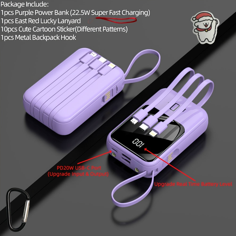 10000mAh Mini Power Bank with Built-in 4 Cables – 22.5W Super Fast Charging, LED Display, Cute Portable Charger for iPhone, Android, Samsung & Travel, Ultra-Compact Battery Pack with LED Light