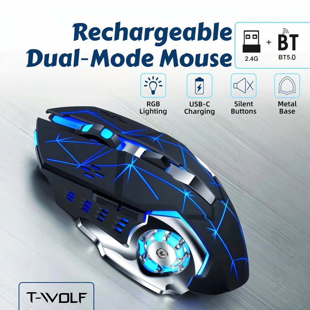 Bluetooth 5.0 2.4G Dual Mode Wireless RGB Gaming Mouse Silent 6 Button Ergonomic USB-C Rechargeable Breathing Light for PC Laptop Mac Tablet Office Gaming Tech Black Star Black White Gray
