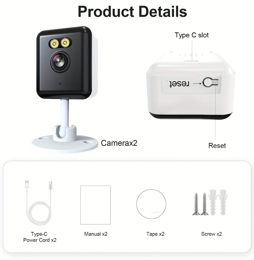 AI-Powered 3MP Indoor Security Camera 2-Pack, Humanoid Detection, Alexa Compatible, Full-Color Night Vision, Two-Way Audio, Smart Motion Alerts, 2.4G WiFi – Home Baby Pet Video Monitoring