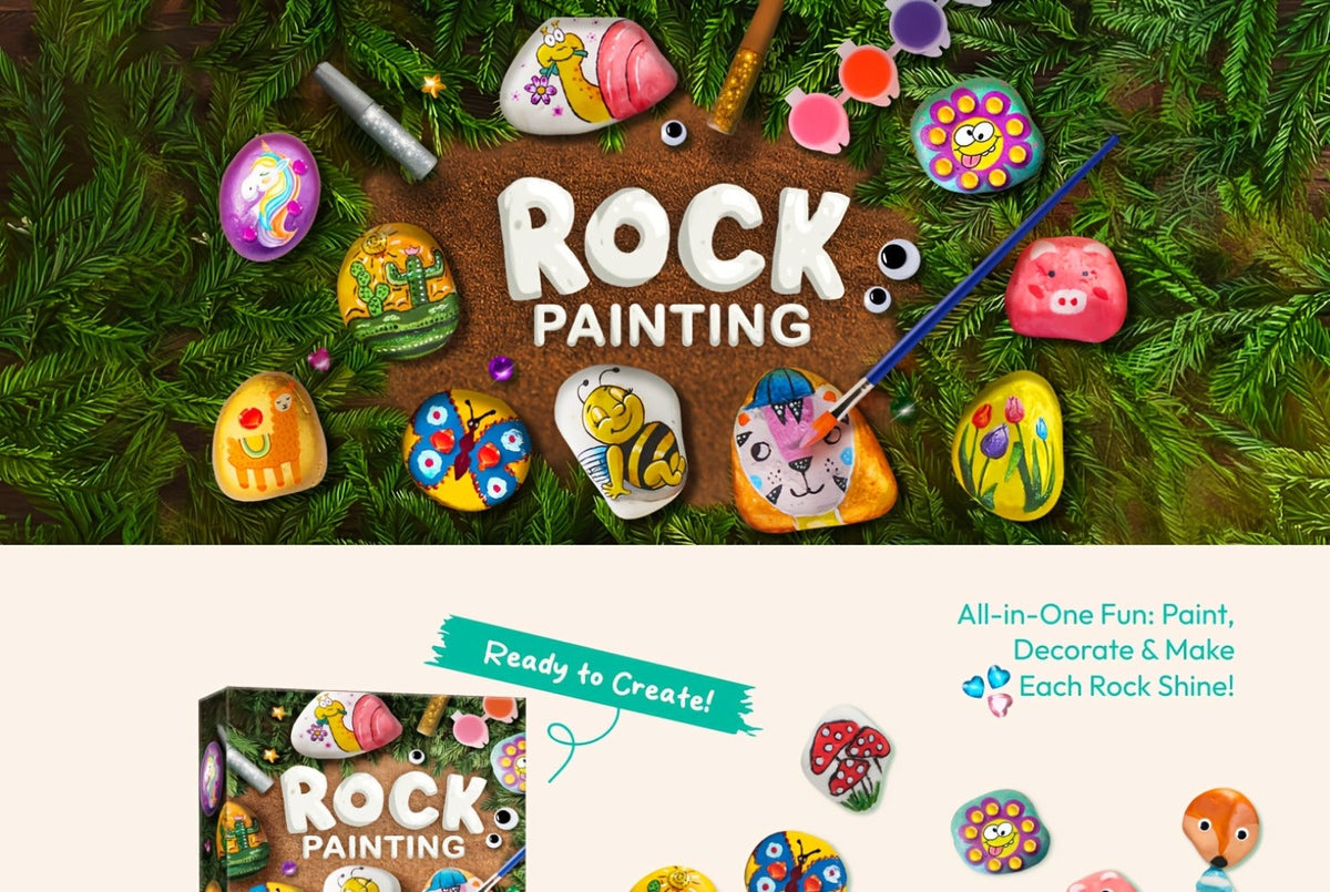 Rock Painting Kit for Kids 10 Stones 16 Paints 6 Metallic Colors Arts and Crafts Set for Girls Boys Ages 6+ DIY Stone Art with Gems Glitter Glue Stickers Brushes Birthday Christmas Gift