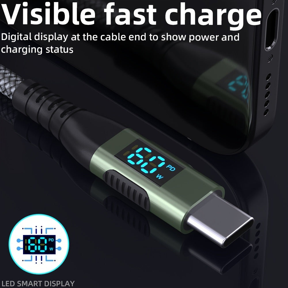 USB-A to USB-C Cable with LED Digital Display, 3A Fast Charging & 480Mbps Data Sync, Nylon Braided Anti-Overheat, for iPhone 15 Samsung Galaxy LG Android – Green (1pc/2pcs)