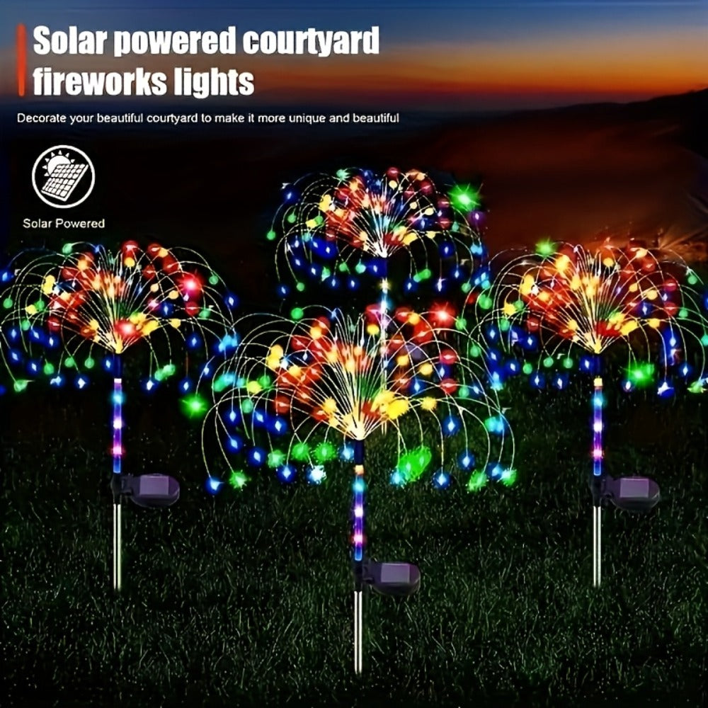 Solar Firework Stake Lights Outdoor 2 Pack - Touch Control Dimmable Starburst Ground Lights Warm White & Colorful 120 to 840 LEDs for Garden Pathway Lawn Party Wedding Christmas Halloween Decoration