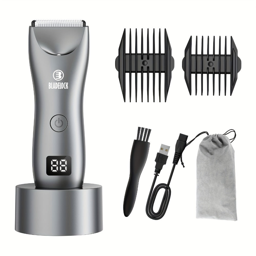Manscaping Trimmer for Men IPX7 Waterproof Electric Groin & Ball Trimmer Ceramic Blades LCD Battery Display Replaceable Head - Body Hair Shaver Groomer Black Grey