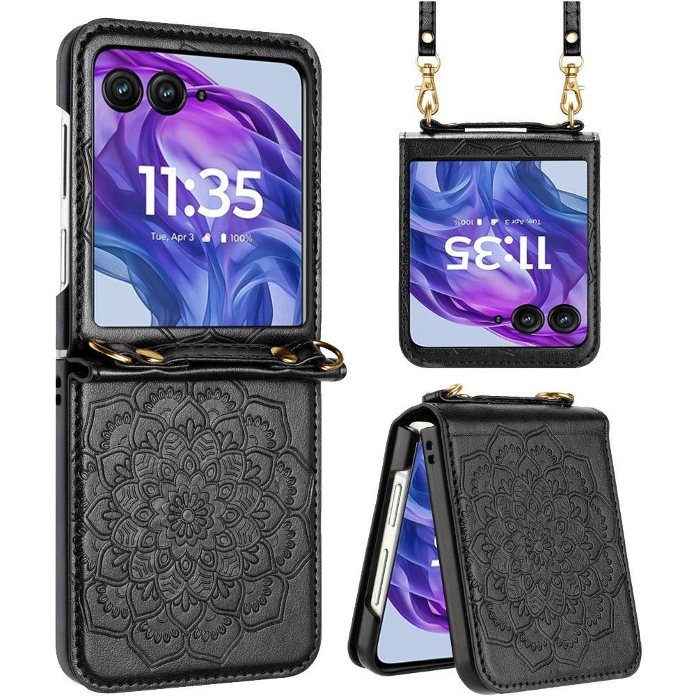 Floral Crossbody Motorola Razr 2024 / Razr+ Plus 2024 Case Flower Embossed PU Leather Lanyard Strap – Boho Henna Mandala Hybrid Protective Cover for Women Gift