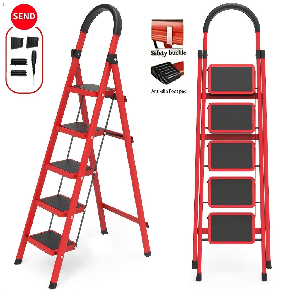 Folding Step Stool 5 Step 500 LBS Anti-Slip – No Assembly, One-Hand Fold, Soft Grip Handle, Wide Pedals, Auto Safety Lock, Portable Lightweight Ladder for Home, Kitchen, Bedroom & Industrial Use