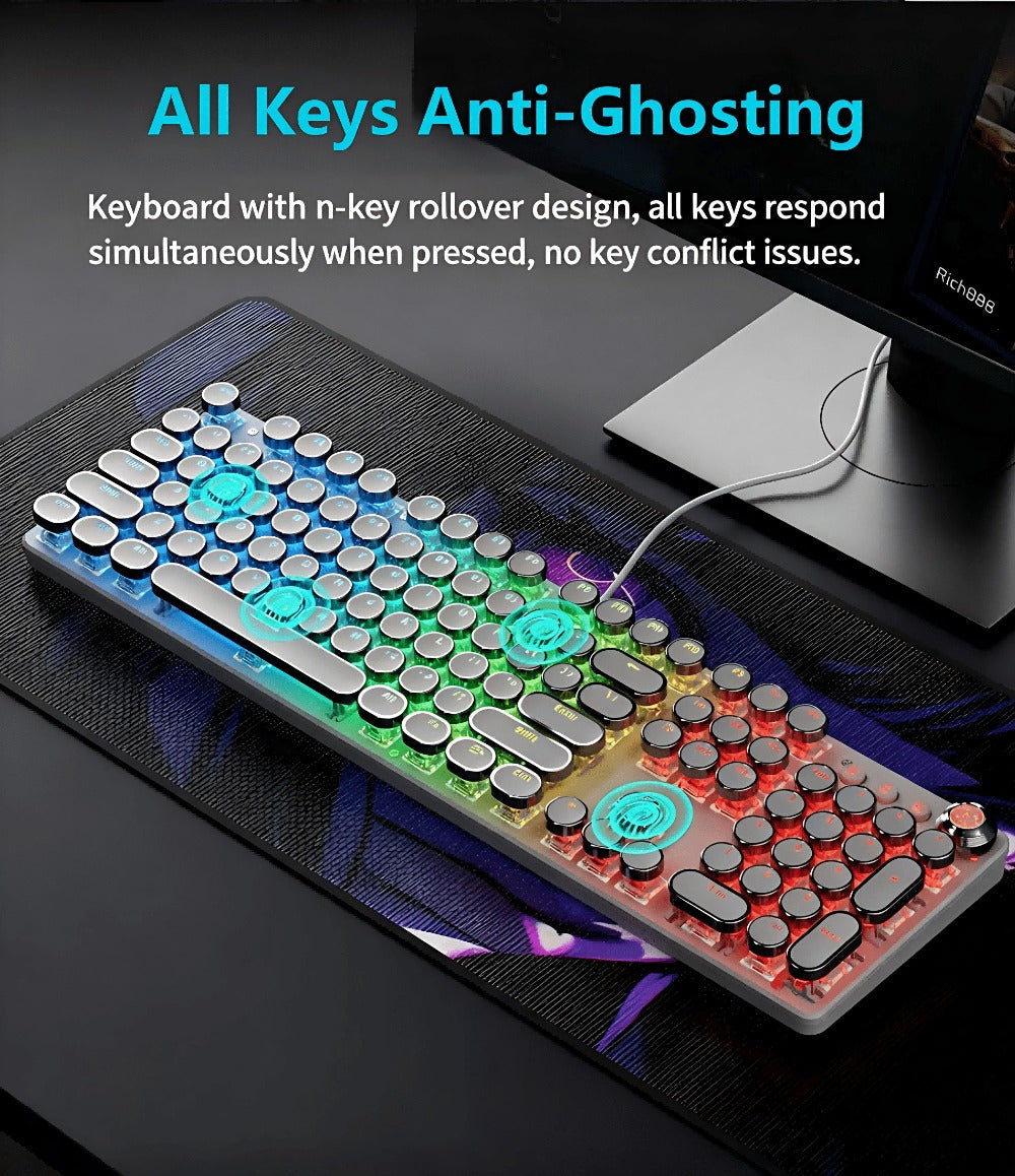 Typewriter Mechanical Keyboard with Green Switches – Retro Punk Style RGB Backlit Wired Gaming & Office Keyboard with Volume Knob, Compatible with PC Laptop Mac – Unique Gift for Her & Him