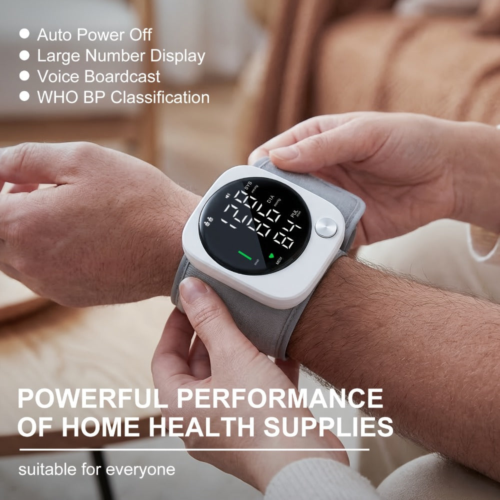 Wrist Blood Pressure Monitor with LCD Screen, Arrhythmia Alarm & Voice Playback – Adjustable Cuff, USB Charging, Gift for Family