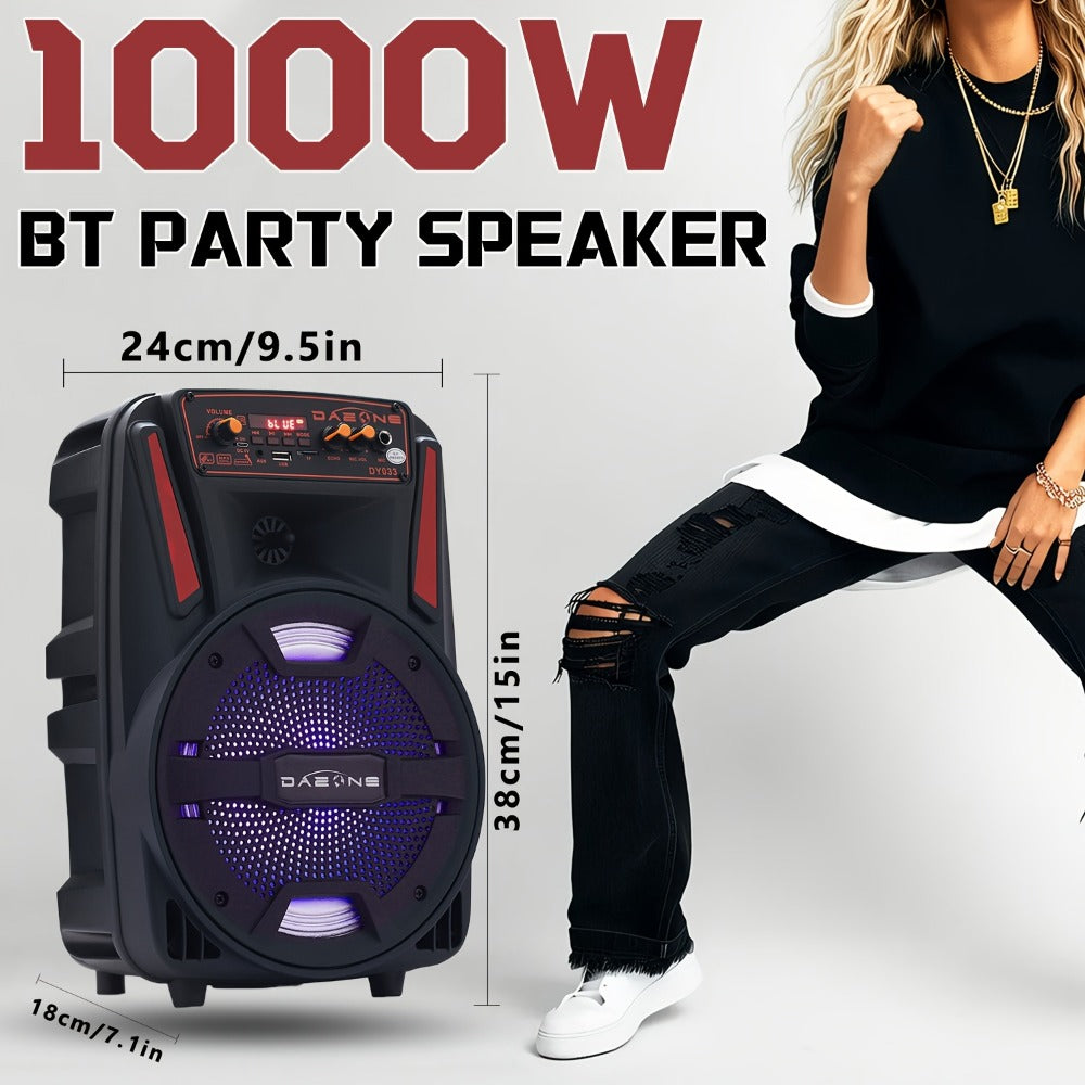 1000W Portable Party Speaker with 8-Inch Woofer & Wired Microphone, Deep Bass 2.1 Surround Sound, 8-Hour Battery, Bluetooth USB SD FM AUX, Wireless Speaker for DJ Karaoke Home Gatherings Outdoor Events