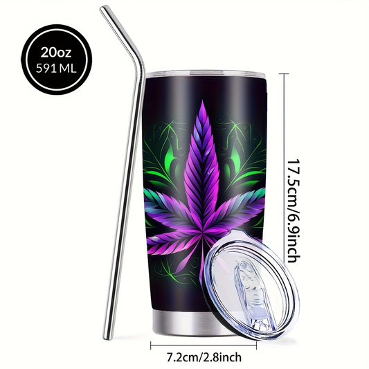 Insulated Stainless Steel Tumbler, 20 oz Leaf Design with Lid and Straw