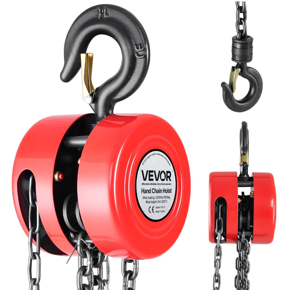Hand Chain Hoist 2200 lb / 4400 lb Manual Chain Block with G70 Chain – 8 ft / 10 ft / 20 ft Lift Height, 360° Rotating Hooks, Security Brake, for Garage, Construction & Warehouse Lifting