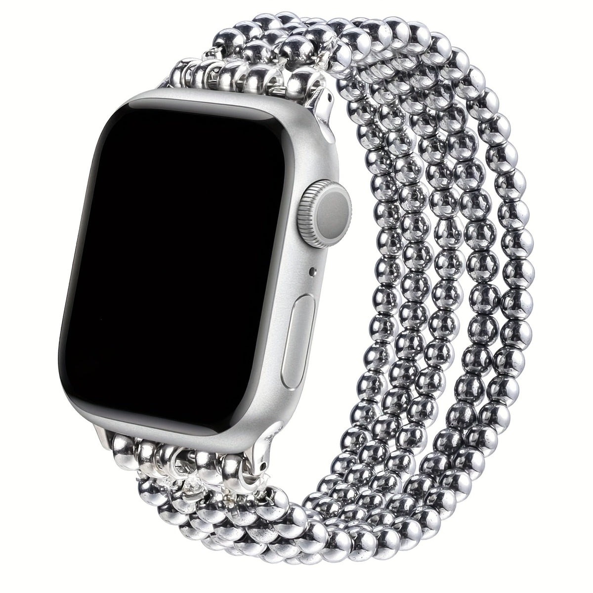 Stainless Steel Beaded Apple Watch Band Handmade Elastic Stretch Bracelet No-Buckle Slip-On Strap for Series 1-11 SE Ultra 38mm 40mm 41mm 42mm 44mm 45mm 46mm Women Girls Silver Rose Gold Silvery Grey