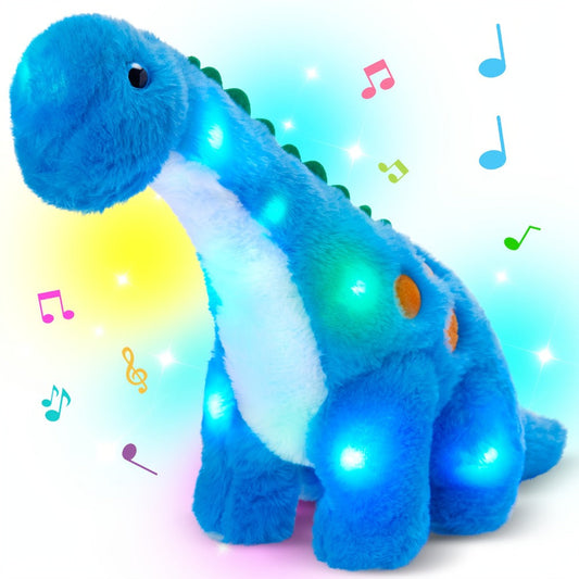 Glowing Blue Dinosaur Plush Toy with LED Light, Music or No Music